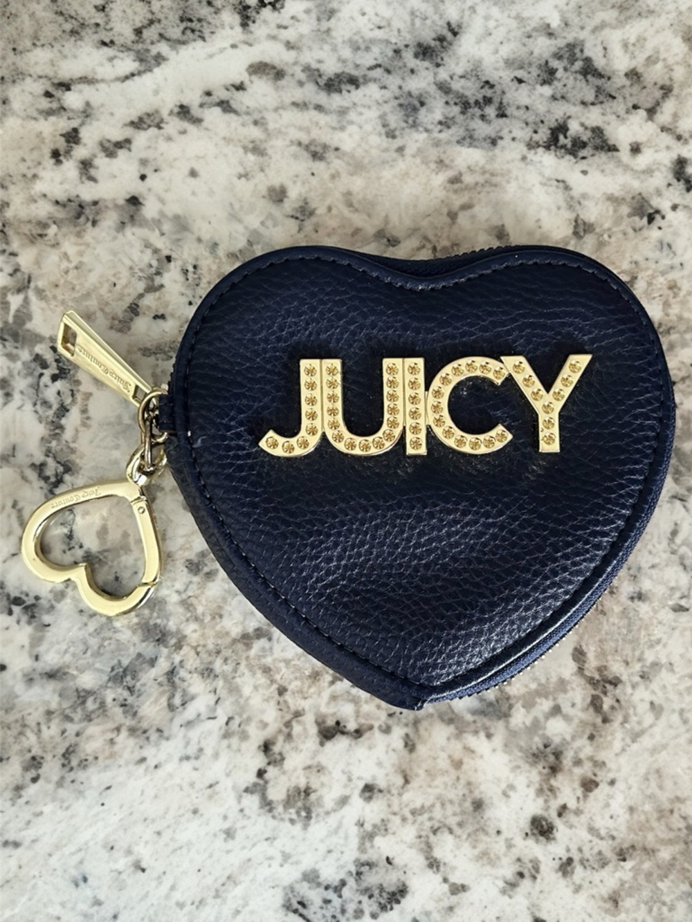 Juicy Couture Navy Blue Pebbled Leather Heart Shaped Coin Purse Gold Letters